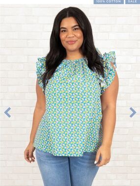 entro Blue Floral Ruffle Sleeve Top